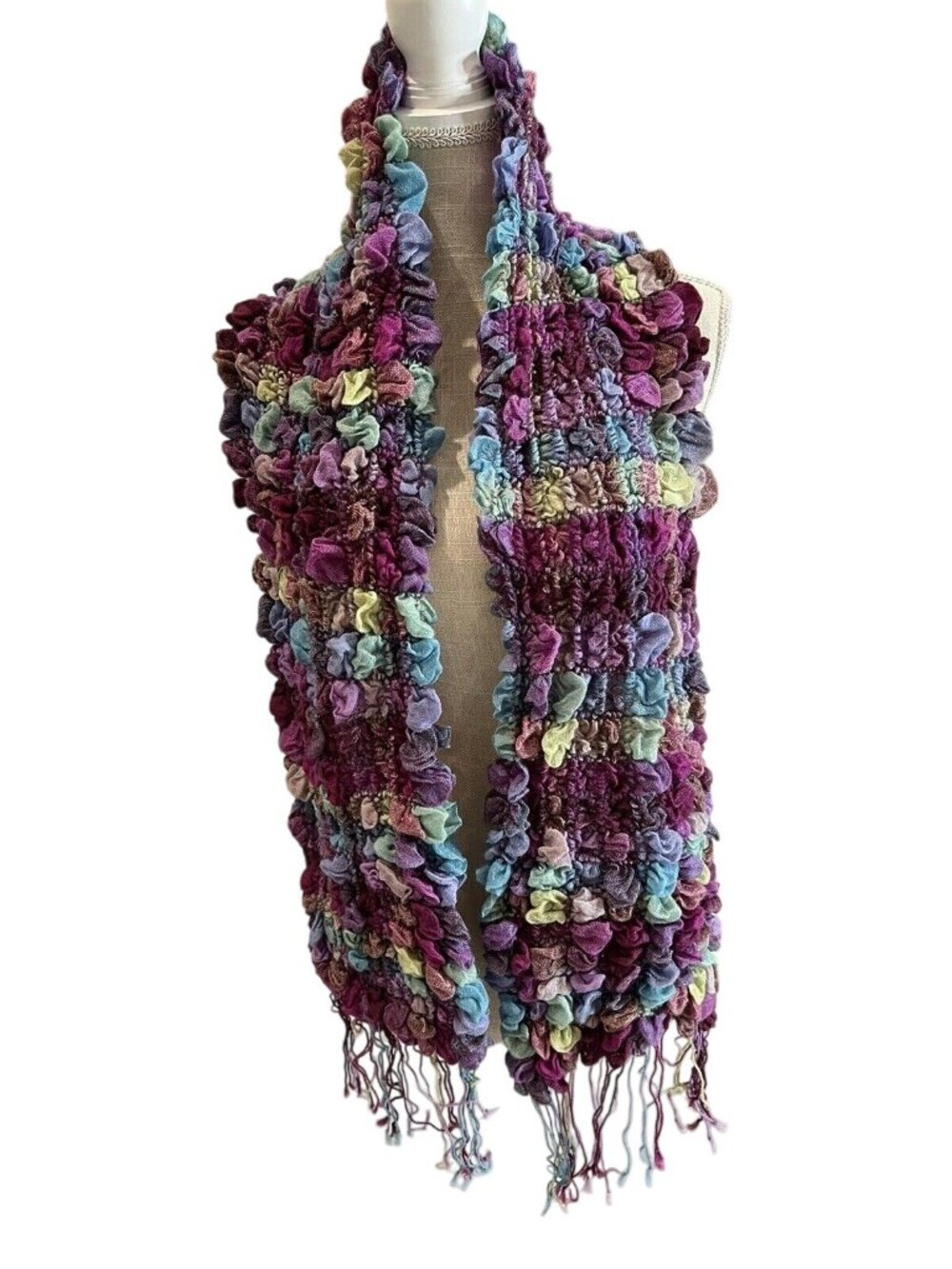 Multicolor Ruffled Knit Scarf With Fringe Cozy & Stylish